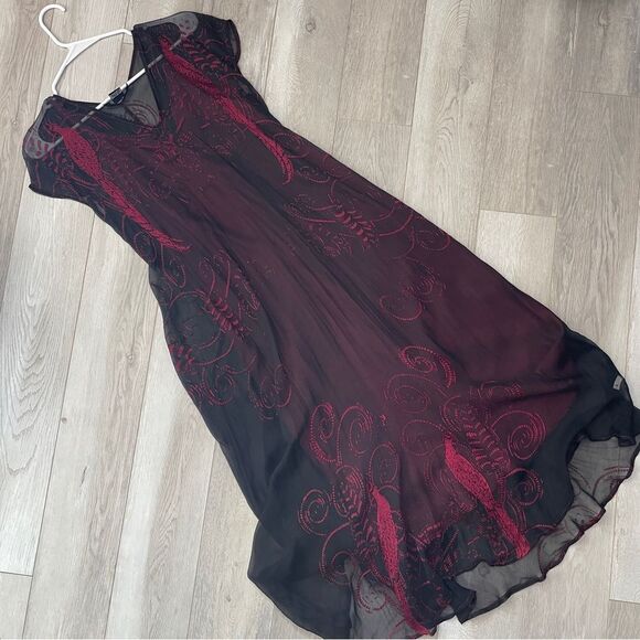 Citron Dresses & Skirts - Citron Silk Dress peacock sheer midi womens Black Red medium whimsigoth feminine